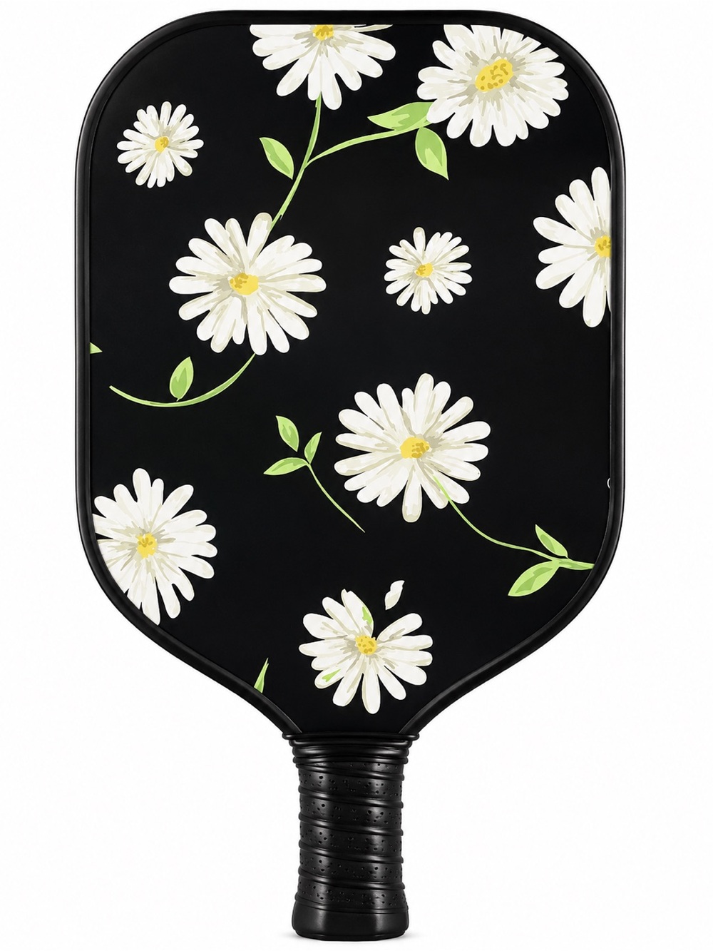 Floral Daisies Pickleball Paddle - Black with White & Green